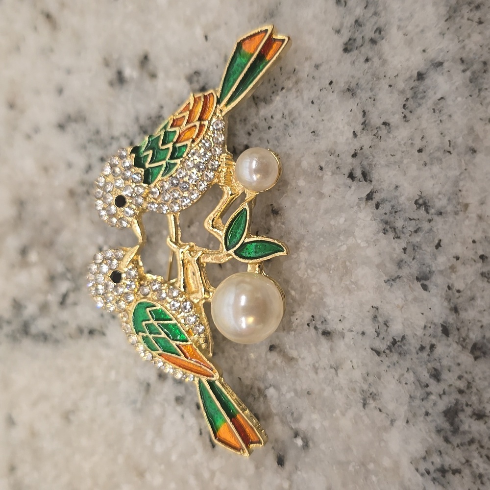 2/$10 Lovebirds Brooch w Faux Pearls and Rhinestones